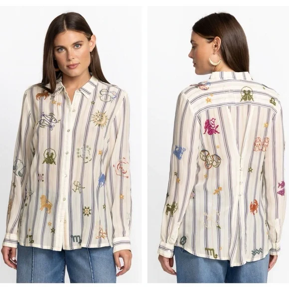 Johnny Was ARIANA BUTTON BACK striped silk shirt with zodiac embroidery size sm - Picture 9 of 16